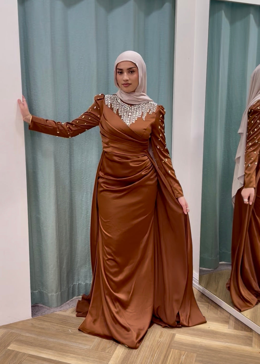 hijab formal dresses sydney Luxury Sage Green Modest Hijab-Style beaded Evening Dress SS613 Green / 4 main image 1