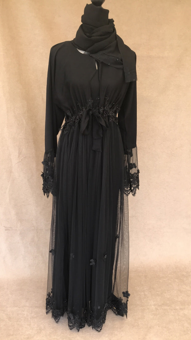 Black Embellished Lace Abaya