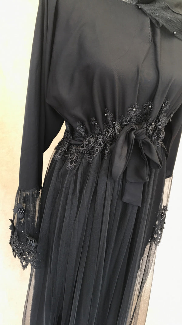 Black Embellished Lace Abaya